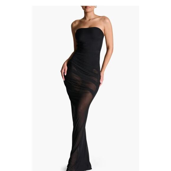 NWT Naked Wardrobe Strapless Shirred Sheer Mesh Body-Con Dress Small - Picture 1 of 7